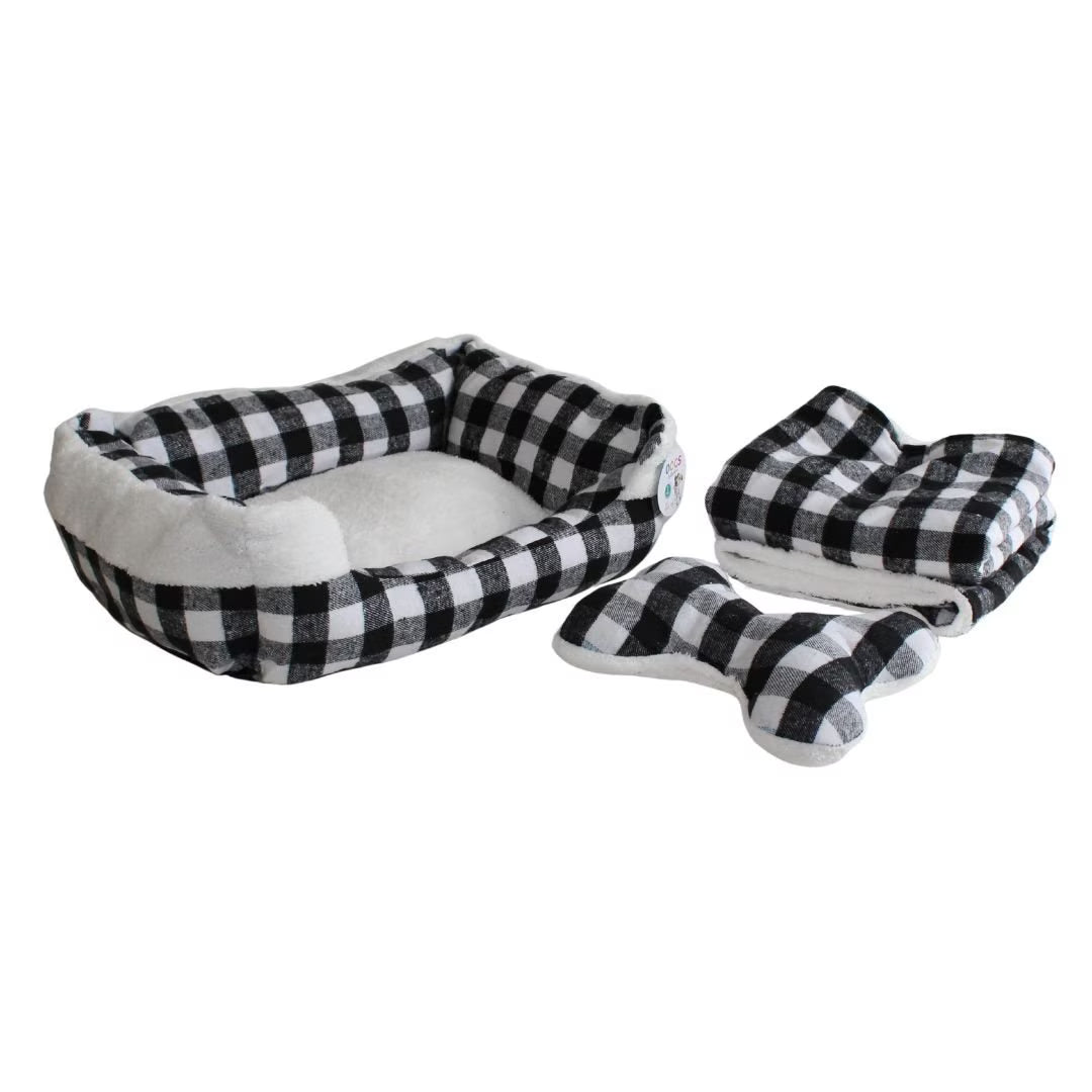 Culcus Giftdesign, cu paturica si jucarie, pentru catei, alb-negru, 50x40cm