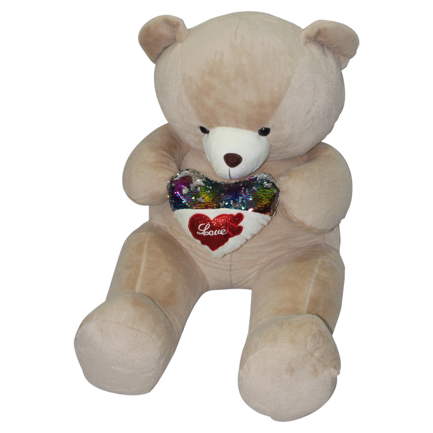 Jucarie de plus, Urs gigant, Inaltime 160 cm, Cu inimioara cu paiete multicolor, Maro