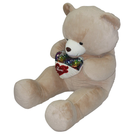 Jucarie de plus, Urs gigant, Inaltime 160 cm, Cu inimioara cu paiete multicolor, Maro