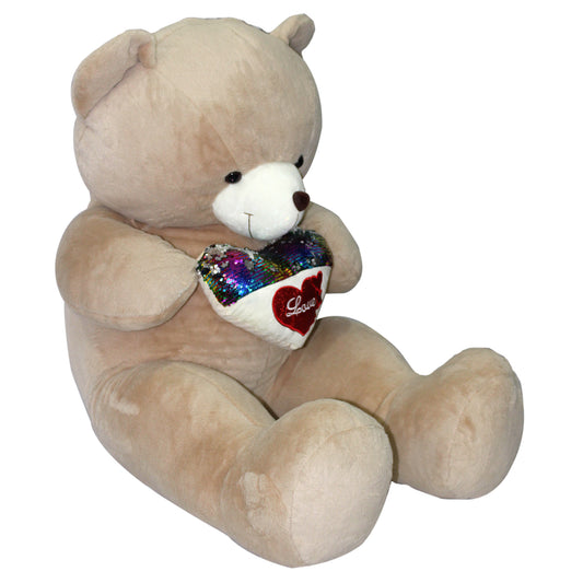 Jucarie de plus, Urs gigant, Inaltime 160 cm, Cu inimioara cu paiete multicolor, Maro