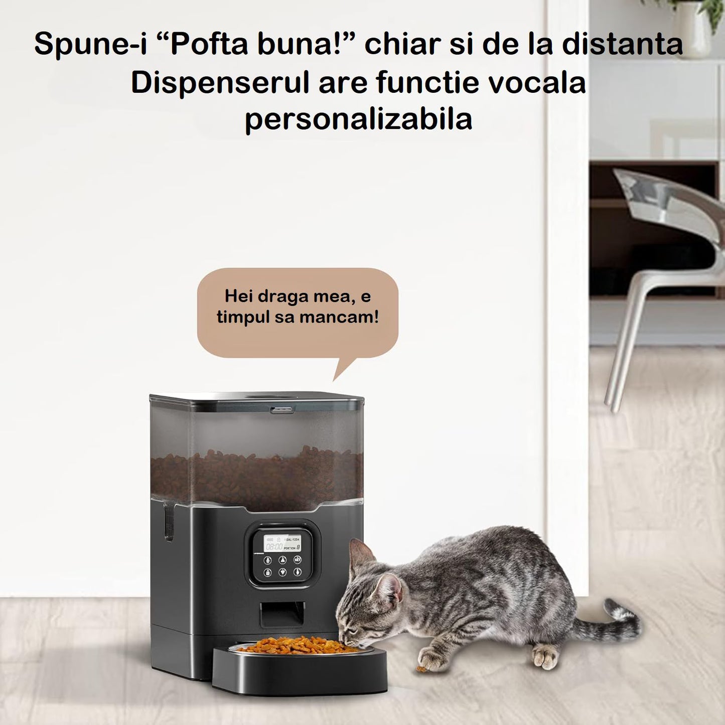 Hranitor Automat Digital Pisici si Caini Huggo Rezervor Transparent 4L, Mesaj Vocal, 4 Mese/Zi, Control Portii, Hrana Uscata, Sistem Anti-Blocare, Alimentare Duala Retea/Baterii