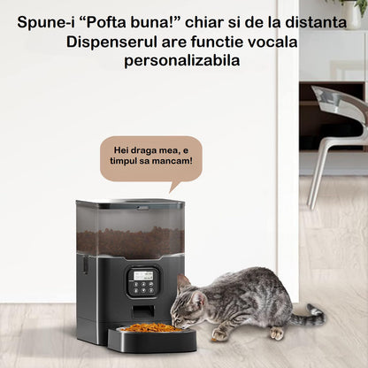 Hranitor Automat Digital Pisici si Caini Huggo Rezervor Transparent 4L, Mesaj Vocal, 4 Mese/Zi, Control Portii, Hrana Uscata, Sistem Anti-Blocare, Alimentare Duala Retea/Baterii