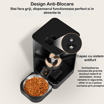 Hranitor Automat Digital Pisici si Caini Huggo Rezervor Transparent 4L, Mesaj Vocal, 4 Mese/Zi, Control Portii, Hrana Uscata, Sistem Anti-Blocare, Alimentare Duala Retea/Baterii