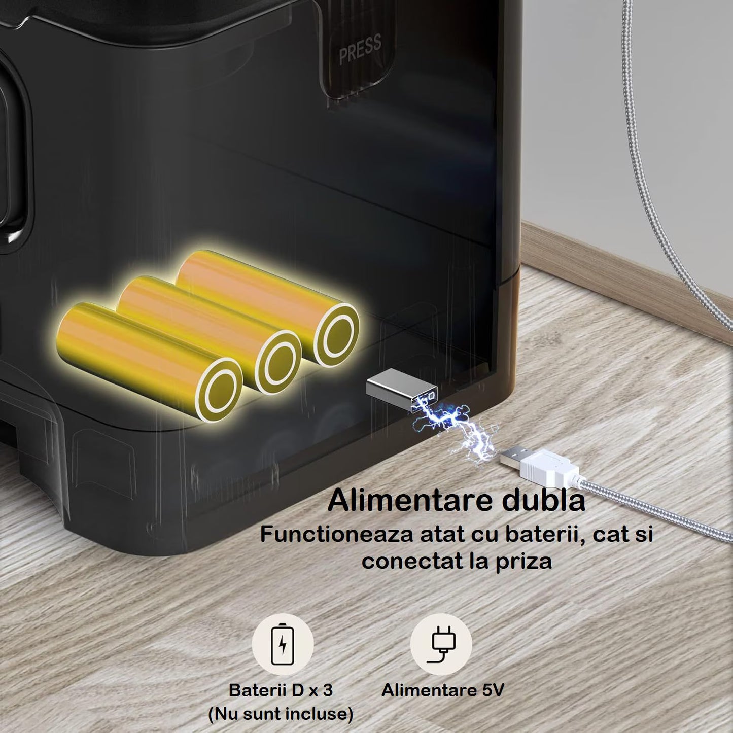 Hranitor Automat Digital Pisici si Caini Huggo Rezervor Transparent 4L, Mesaj Vocal, 4 Mese/Zi, Control Portii, Hrana Uscata, Sistem Anti-Blocare, Alimentare Duala Retea/Baterii