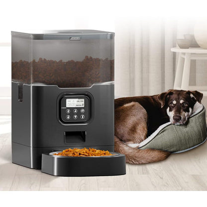 Hranitor Automat Digital Pisici si Caini Huggo Rezervor Transparent 4L, Mesaj Vocal, 4 Mese/Zi, Control Portii, Hrana Uscata, Sistem Anti-Blocare, Alimentare Duala Retea/Baterii