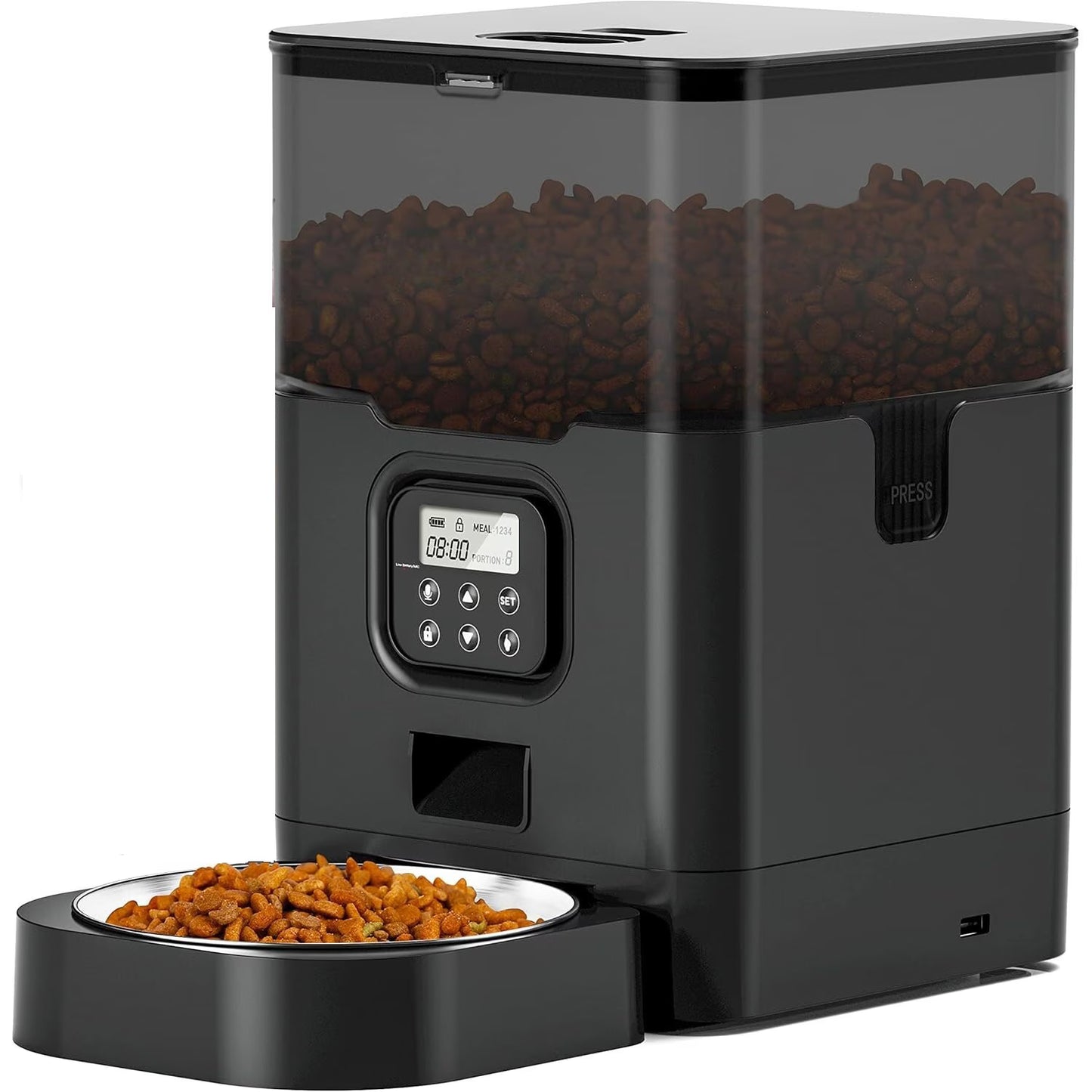 Hranitor Automat Digital Pisici si Caini Huggo Rezervor Transparent 4L, Mesaj Vocal, 4 Mese/Zi, Control Portii, Hrana Uscata, Sistem Anti-Blocare, Alimentare Duala Retea/Baterii
