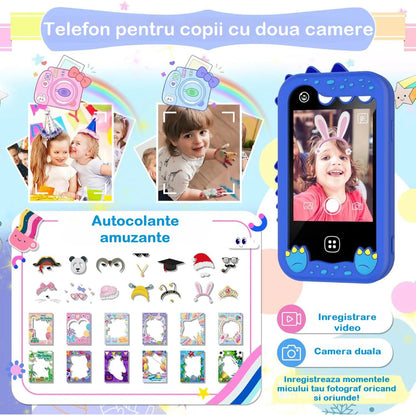 Telefon Mobil si Jucarie Educativa NO Internet/Apeluri MiniPHONE PRO Doua Camere Foto/Video,17 Jocuri Puzzle, 10 Audiobooks, MP3 Player, Alarma, Calculator, Lanterna, Albastru