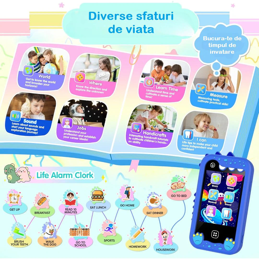 Telefon Mobil si Jucarie Educativa NO Internet/Apeluri MiniPHONE PRO Doua Camere Foto/Video,17 Jocuri Puzzle, 10 Audiobooks, MP3 Player, Alarma, Calculator, Lanterna, Albastru