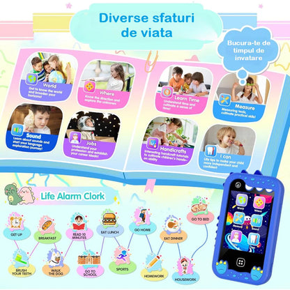 Telefon Mobil si Jucarie Educativa NO Internet/Apeluri MiniPHONE PRO Doua Camere Foto/Video,17 Jocuri Puzzle, 10 Audiobooks, MP3 Player, Alarma, Calculator, Lanterna, Albastru