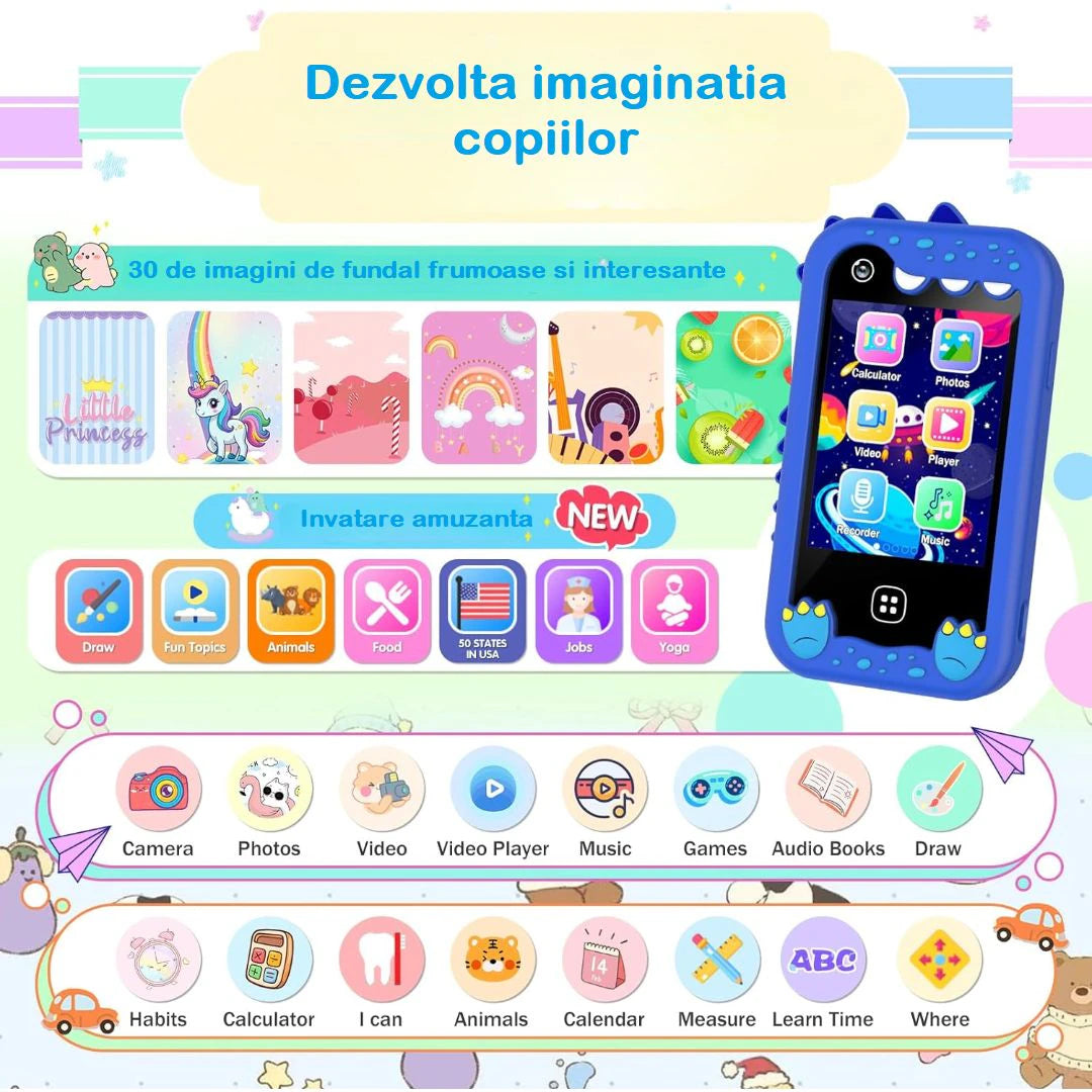 Telefon Mobil si Jucarie Educativa NO Internet/Apeluri MiniPHONE PRO Doua Camere Foto/Video,17 Jocuri Puzzle, 10 Audiobooks, MP3 Player, Alarma, Calculator, Lanterna, Albastru