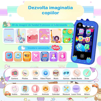Telefon Mobil si Jucarie Educativa NO Internet/Apeluri MiniPHONE PRO Doua Camere Foto/Video,17 Jocuri Puzzle, 10 Audiobooks, MP3 Player, Alarma, Calculator, Lanterna, Albastru