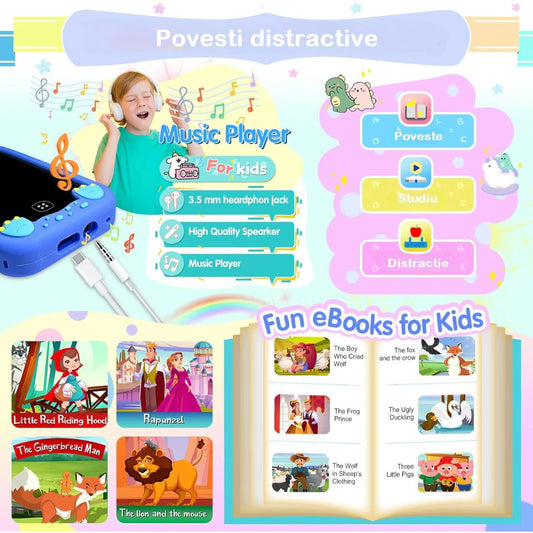 Telefon Mobil si Jucarie Educativa NO Internet/Apeluri MiniPHONE PRO Doua Camere Foto/Video,17 Jocuri Puzzle, 10 Audiobooks, MP3 Player, Alarma, Calculator, Lanterna, Albastru