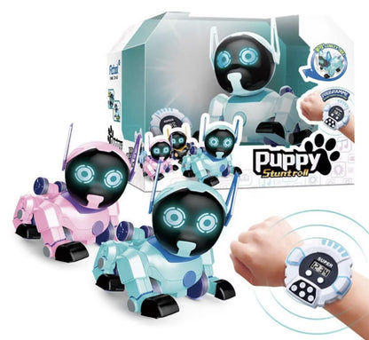 Catel robot cu telecomanda bratara si ceas, rotire 360 grade, Puppy Stunt Roll