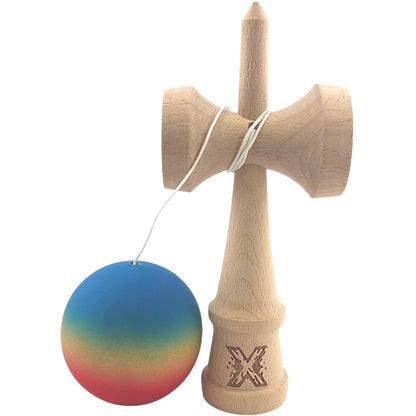 Jucarie Kendama X Originala, Profesionala, Flippy, din Lemn, Rubber Grip, 18 cm, Gradient Albastru/Galben/Rosu