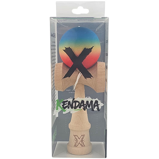 Jucarie Kendama X Originala, Profesionala, Flippy, din Lemn, Rubber Grip, 18 cm, Gradient Albastru/Galben/Rosu