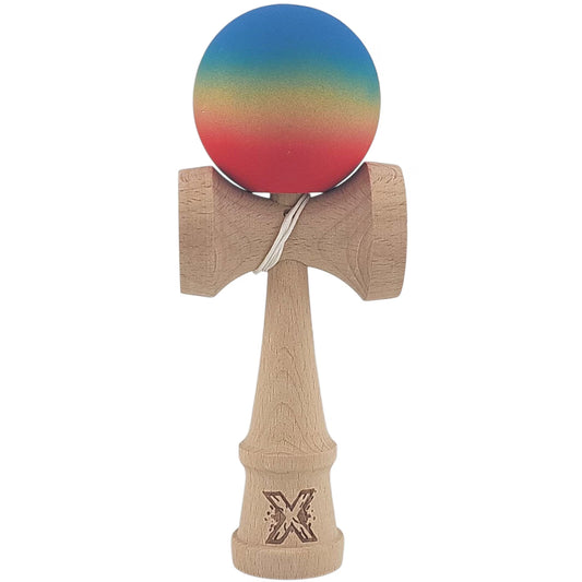 Jucarie Kendama X Originala, Profesionala, Flippy, din Lemn, Rubber Grip, 18 cm, Gradient Albastru/Galben/Rosu