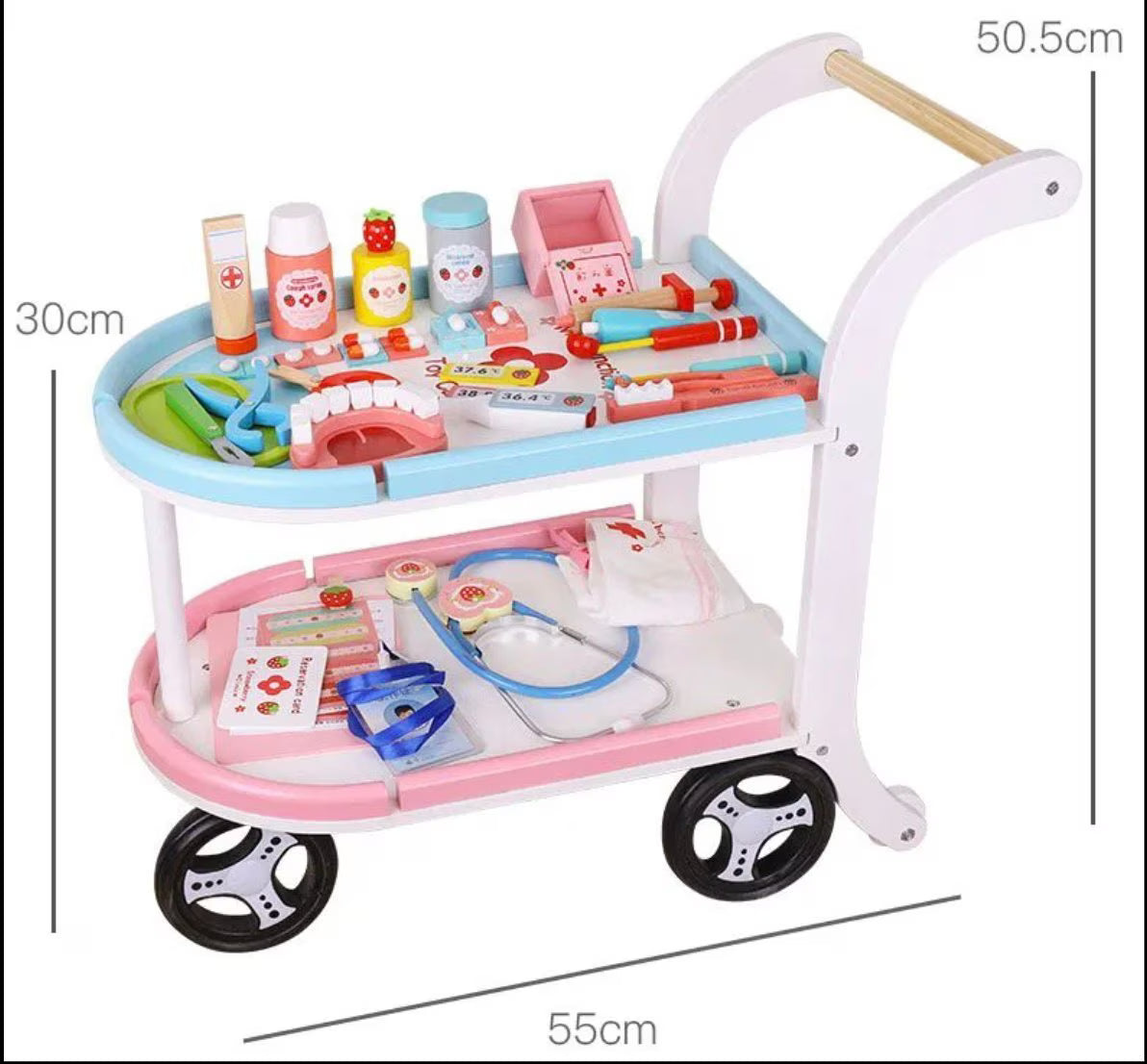 Set Doctor Carucior Spitalul Mobil Strawberry Clinic, din lemn
