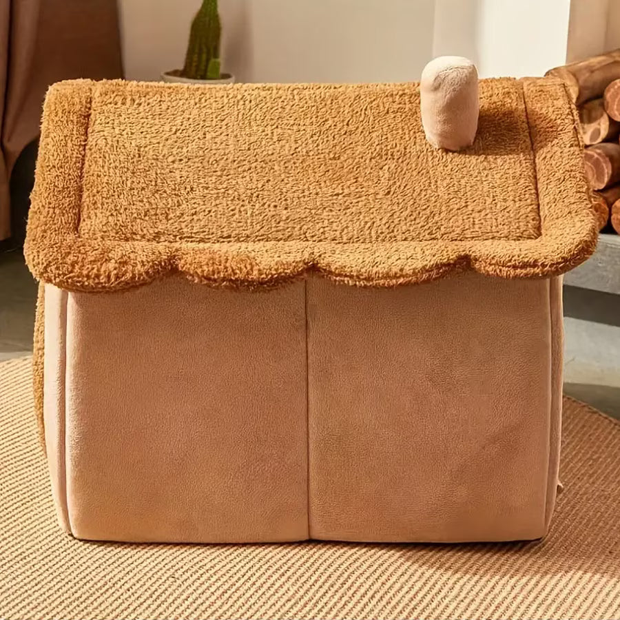Culcus pisici si caini tip casa, Moale si Pufos, Antiderapant, Perna Detasabila inclusa, Design Ursulet, Confort Premium, Maro