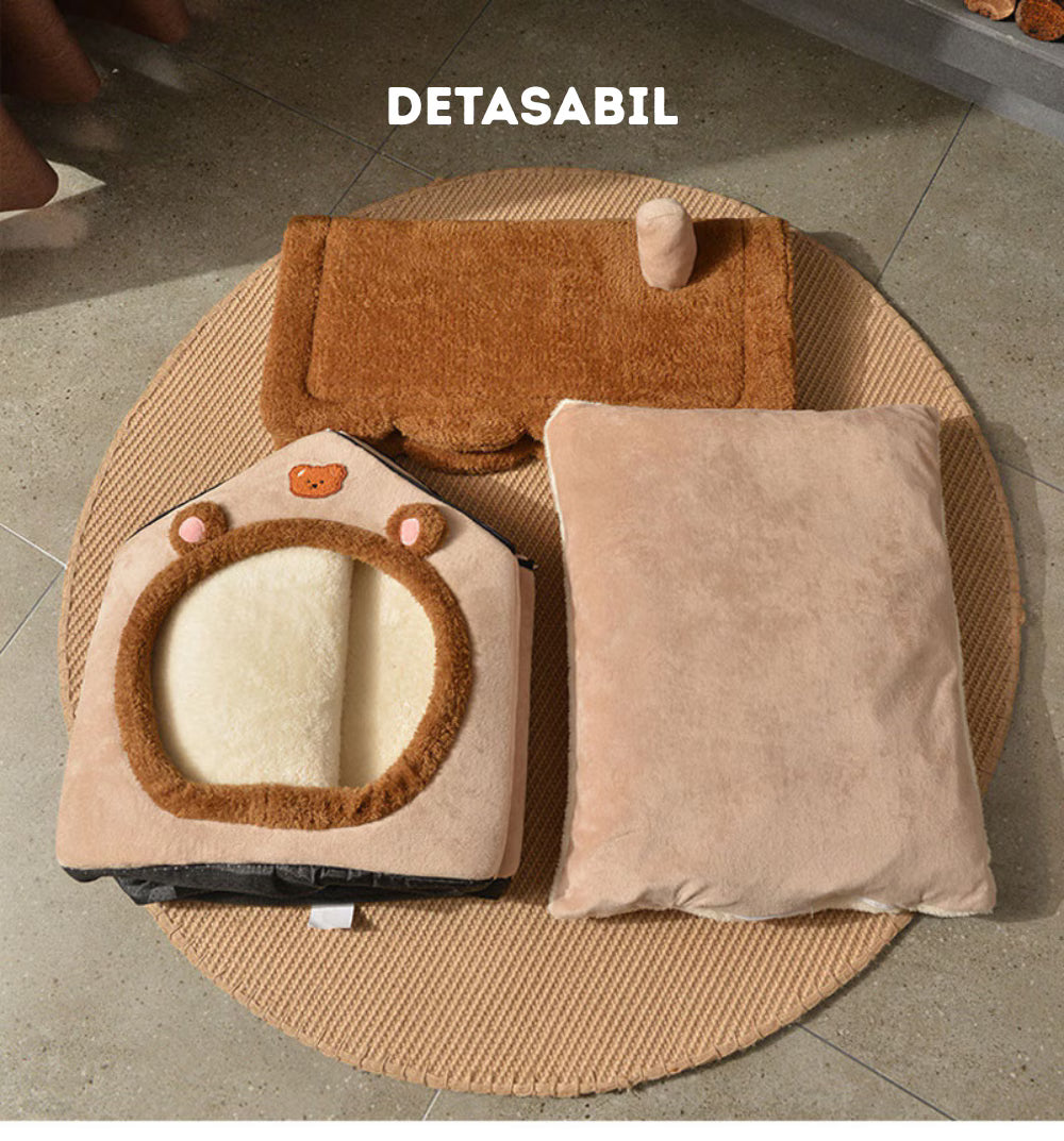 Culcus pisici si caini tip casa, Moale si Pufos, Antiderapant, Perna Detasabila inclusa, Design Ursulet, Confort Premium, Maro