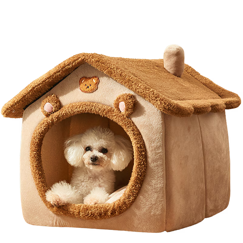 Culcus pisici si caini tip casa, Moale si Pufos, Antiderapant, Perna Detasabila inclusa, Design Ursulet, Confort Premium, Maro