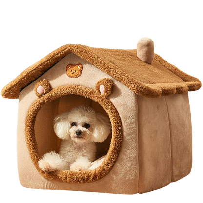 Culcus pisici si caini tip casa, Moale si Pufos, Antiderapant, Perna Detasabila inclusa, Design Ursulet, Confort Premium, Maro