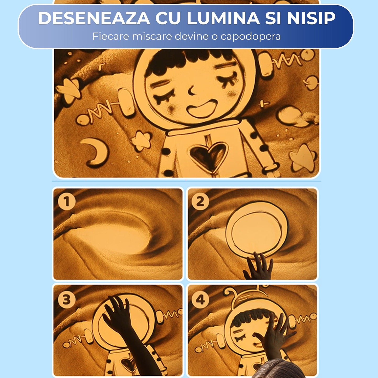 Tavita cu Nisip Iluminata TimeBox Joc Interactiv pentru copii; creativitate & coordonare; suprafata LED, refolosibila, compacta; 2 pungi nisip + accesorii incluse; USB, Albastru