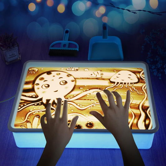 Tavita cu Nisip Iluminata TimeBox Joc Interactiv pentru copii; creativitate & coordonare; suprafata LED, refolosibila, compacta; 2 pungi nisip + accesorii incluse; USB, Albastru