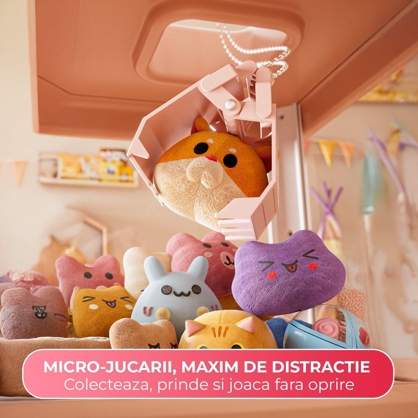 Masina de prins jucarii pentru acasa, Cronometru cu fise, Joc de prindere plusuri, Muzica, Lumini, Timer, 20 de plusuri + 10 capsule + pana la 25 fise, 4-6 ani, Roz