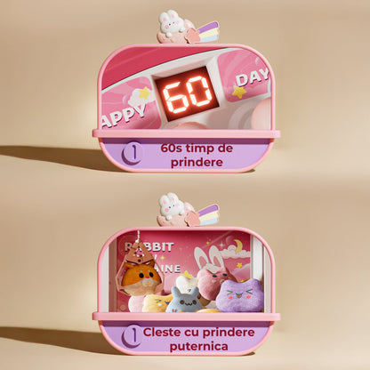 Masina de prins jucarii pentru acasa, Cronometru cu fise, Joc de prindere plusuri, Muzica, Lumini, Timer, 20 de plusuri + 10 capsule + pana la 25 fise, 4-6 ani, Roz