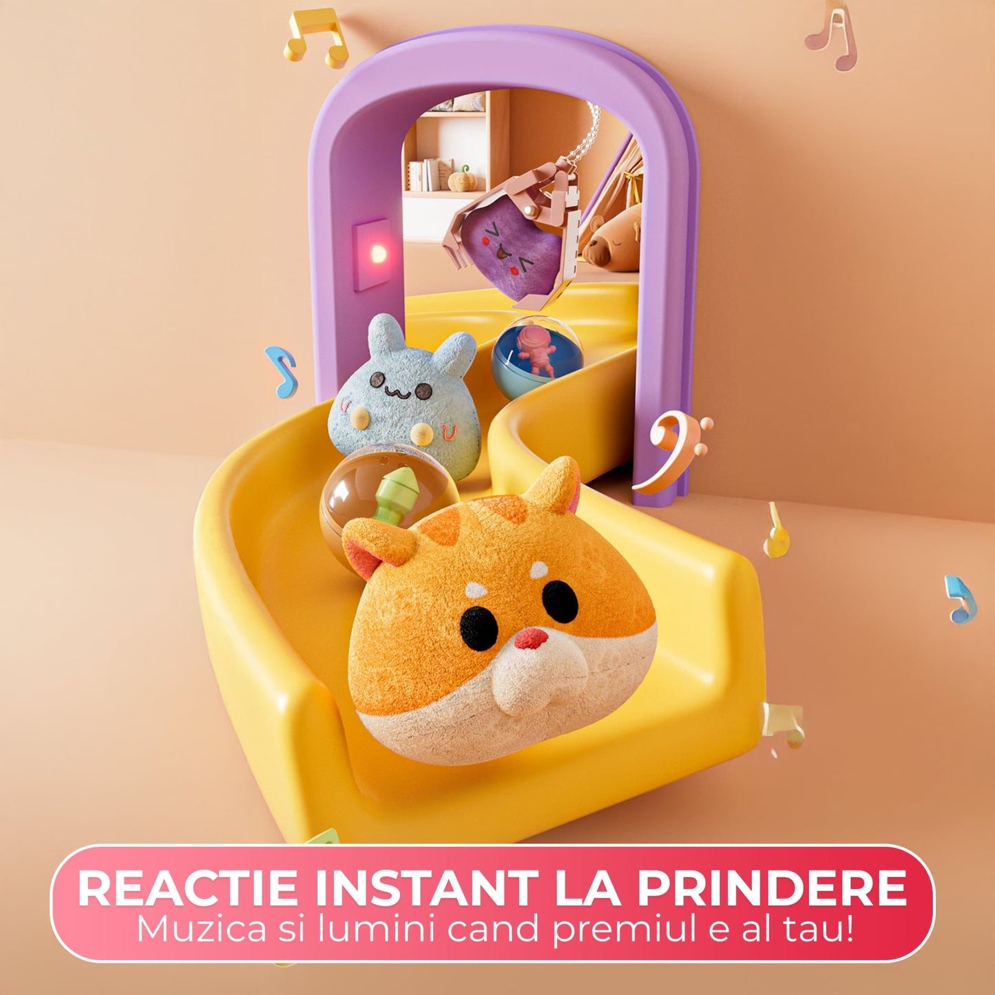 Masina de prins jucarii pentru acasa, Cronometru cu fise, Joc de prindere plusuri, Muzica, Lumini, Timer, 20 de plusuri + 10 capsule + pana la 25 fise, 4-6 ani, Roz