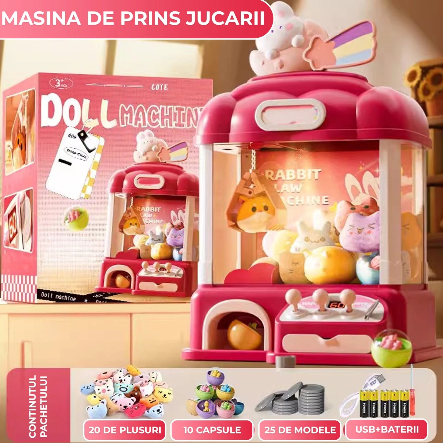 Masina de prins jucarii pentru acasa, Cronometru cu fise, Joc de prindere plusuri, Muzica, Lumini, Timer, 20 de plusuri + 10 capsule + pana la 25 fise, 4-6 ani, Roz