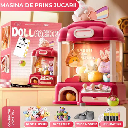 Masina de prins jucarii pentru acasa, Cronometru cu fise, Joc de prindere plusuri, Muzica, Lumini, Timer, 20 de plusuri + 10 capsule + pana la 25 fise, 4-6 ani, Roz