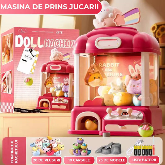 Masina de prins jucarii pentru acasa, Cronometru cu fise, Joc de prindere plusuri, Muzica, Lumini, Timer, 20 de plusuri + 10 capsule + pana la 25 fise, 4-6 ani, Roz