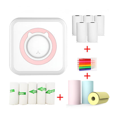 Mini imprimanta foto portabila Flippy, Pisica, Cu accesorii, Incarcare USB, Model Alb Roz