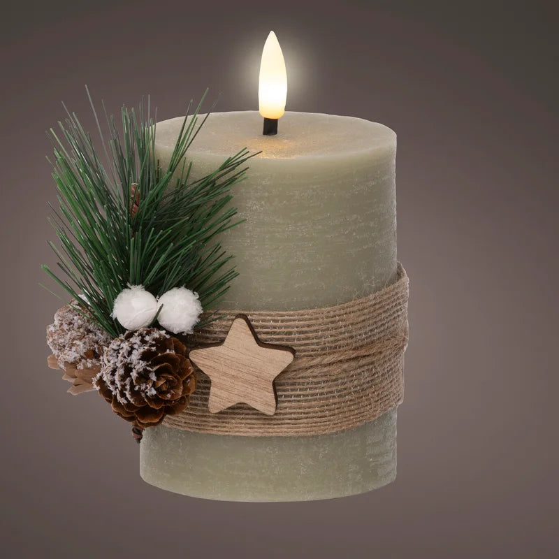 Decoratiune Craciun, lumanare din ceara cu LED, model frunze, H 13 cm, verde