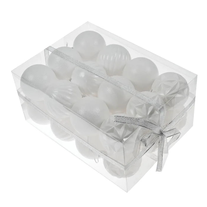 Globuri de Craciun, alb, plastic, rotunde, 6 cm, set 24 bucati