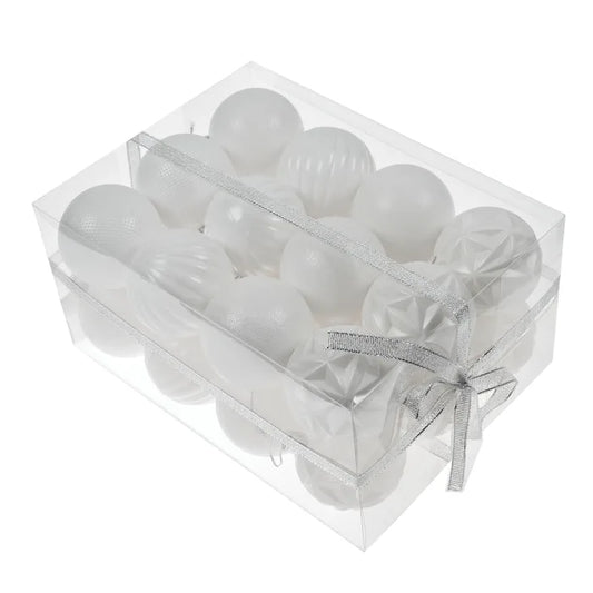Globuri de Craciun, alb, plastic, rotunde, 6 cm, set 24 bucati