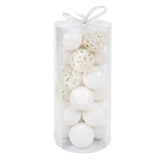 Globuri de Craciun, alb, 6 cm, plastic, rotunde, set 24 bucati