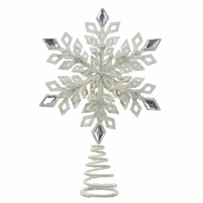 Varf de brad Craciun, alb cu sclipici argintiu, metal, plastic, 30.5 cm
