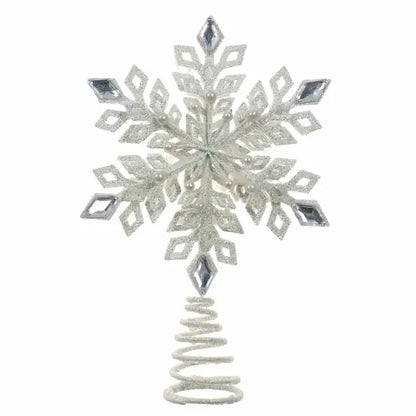 Varf de brad Craciun, alb cu sclipici argintiu, metal, plastic, 30.5 cm