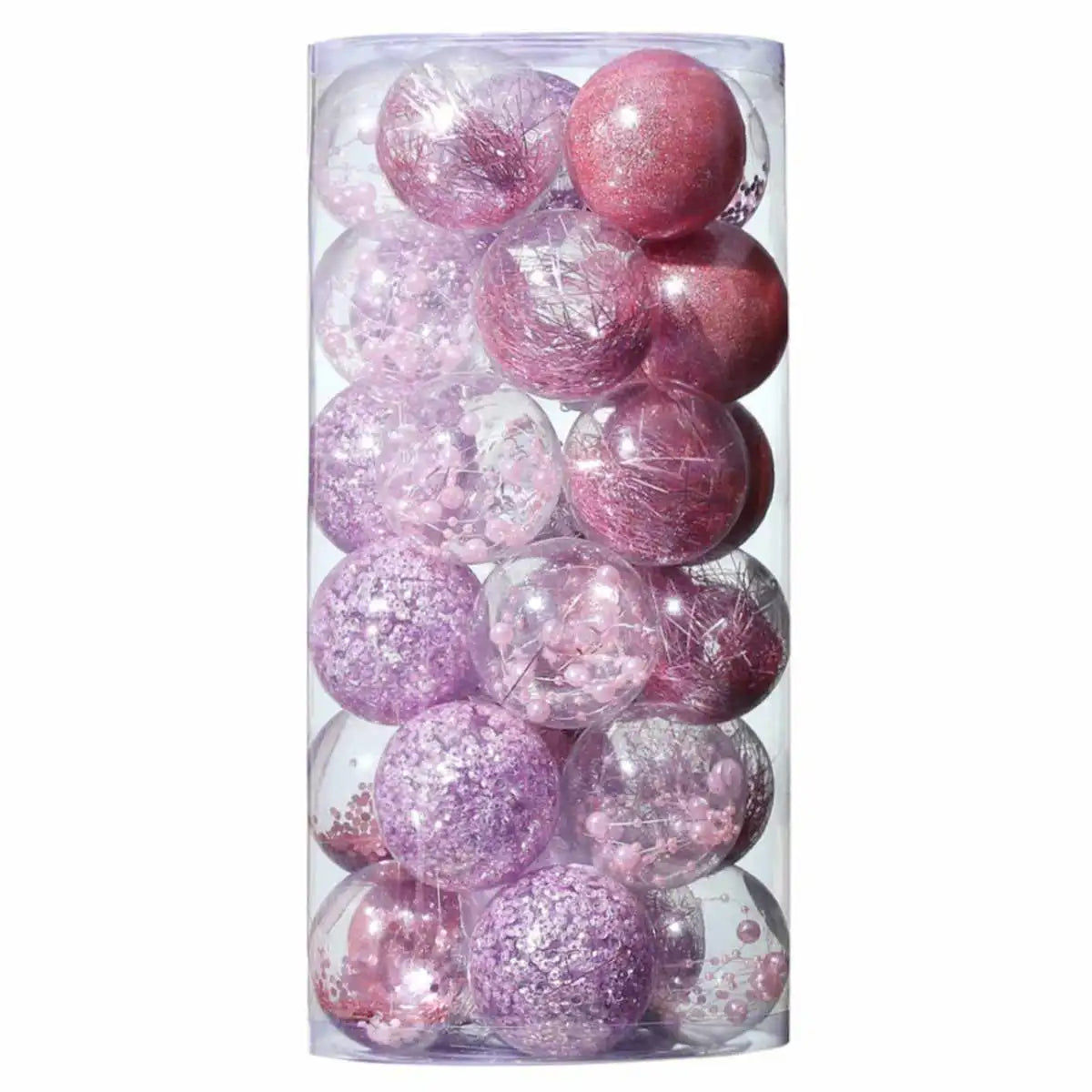 Globuri de Craciun, mov + roz + transparent, 6 cm, plastic, rotunde, set 30 bucati