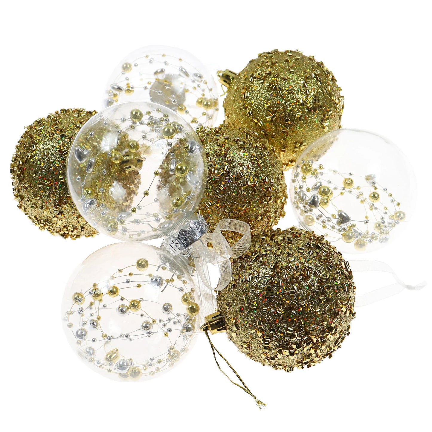 Globuri de Craciun, auriu + transparent, 8 cm, plastic, rotunde, set 8 bucati