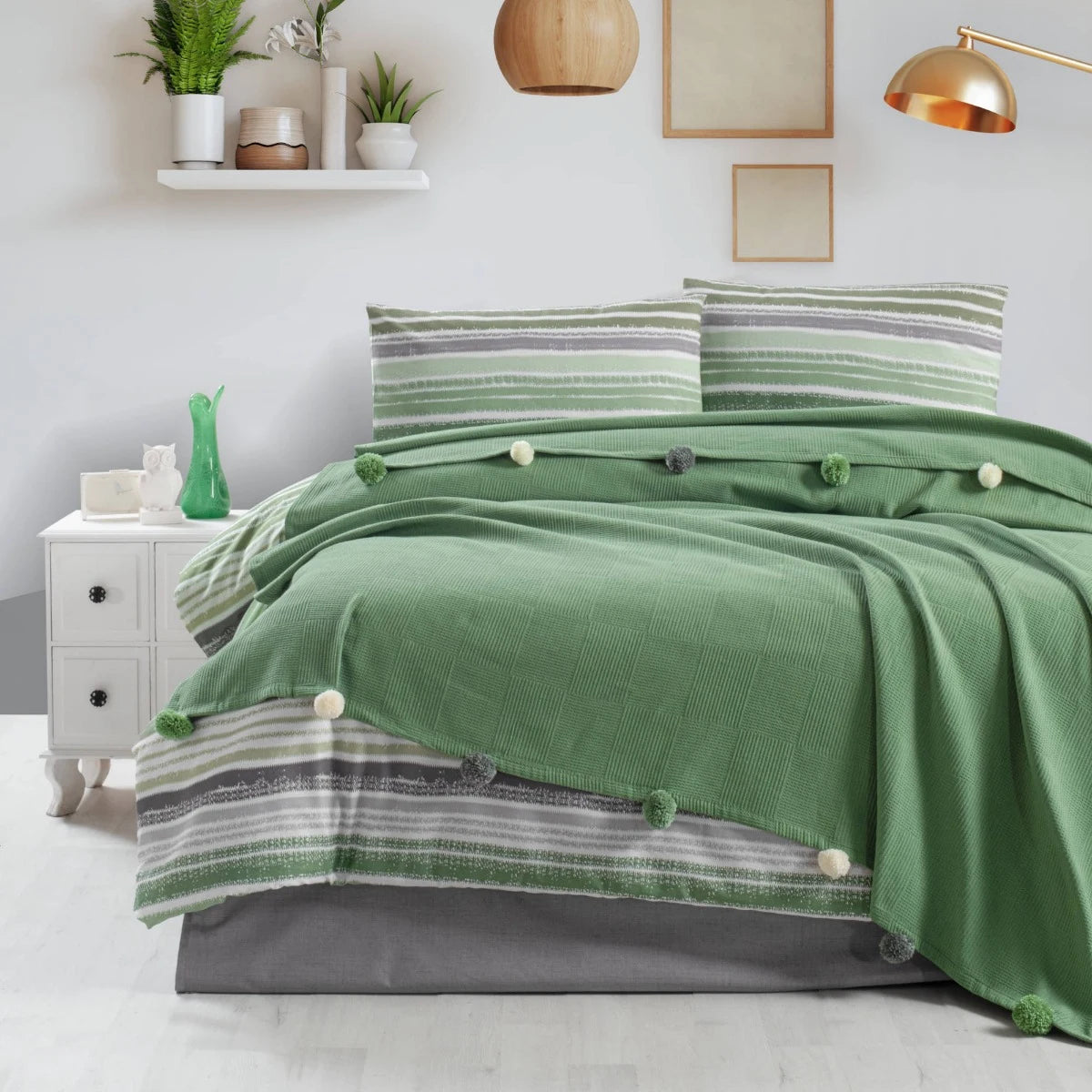 Lenjerie de pat bumbac + cuvertura, Caressa Mot, 2 persoane, verde + gri, set 5 piese