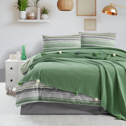 Lenjerie de pat bumbac + cuvertura, Caressa Mot, 2 persoane, verde + gri, set 5 piese