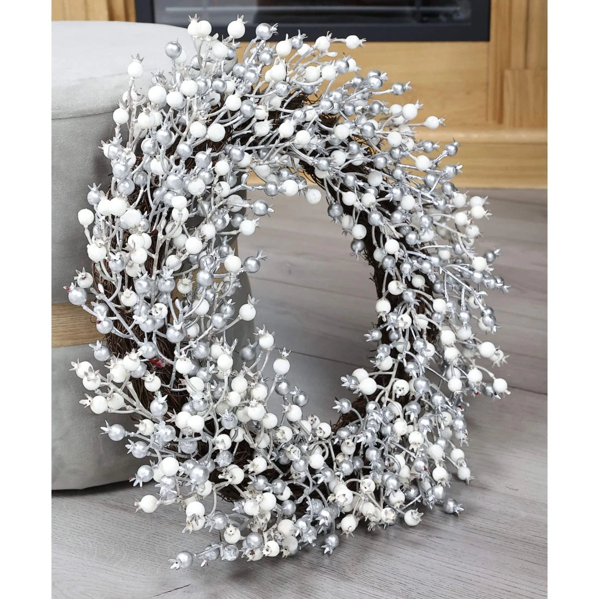 Coronita Craciun, alb + argintiu+ maro, 50 cm