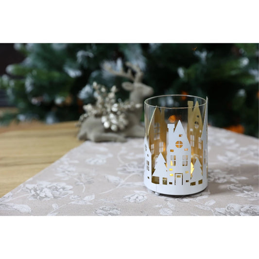 Suport luminare Craciun, otel + sticla, alb + transparent, 15,5 x 10,5 cm