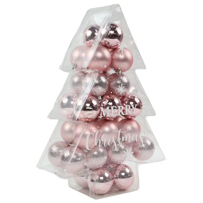 Globuri de Craciun, roz, JQ2024460-1, 6 cm, plastic, forma rotunda, set 34 bucati