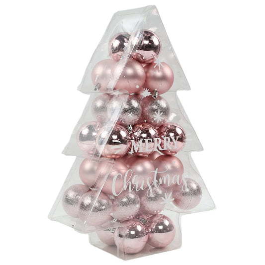 Globuri de Craciun, roz, JQ2024460-1, 6 cm, plastic, forma rotunda, set 34 bucati
