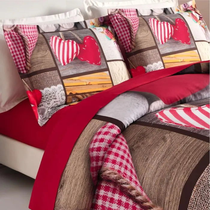 Lenjerie de pat poliester, Caressa Love, 2 persoane, multicolor, set 4 piese
