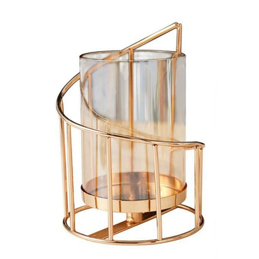 Suport lumânare, metal + sticla, auriu trandafir, 11 x 16 cm